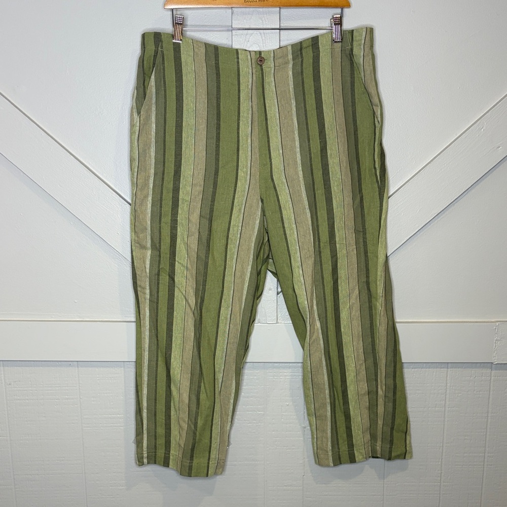 Beachy Linen Blend Vertical Striped Green Beige Cropped Pants Zip Button Capri